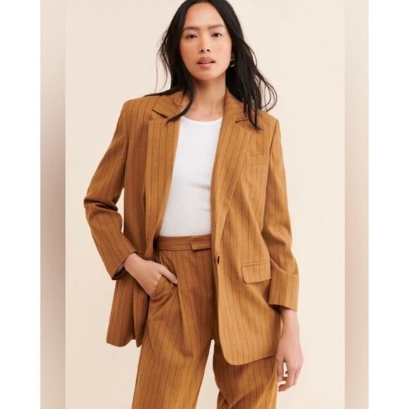 NWT Madewell Womens Oversized Blazer Brown Stripe 6 Wool Blend Single Breasted - Picture 6 of 13